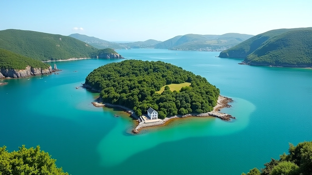 Aerial view of Garnish Island in Bantry Bay showing lush gardens surrounded by calm blue waters
