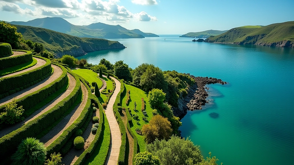 Aerial view of Garnish Island showing lush green gardens and blue water surrounding the island