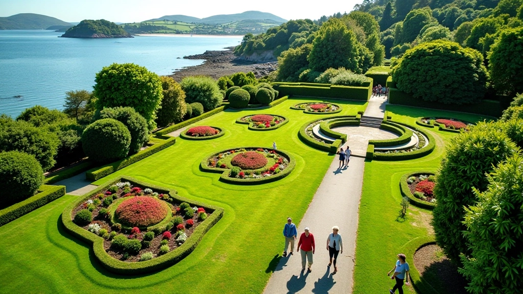Group of seniors walking through Garnish Island gardens with blooming flowers