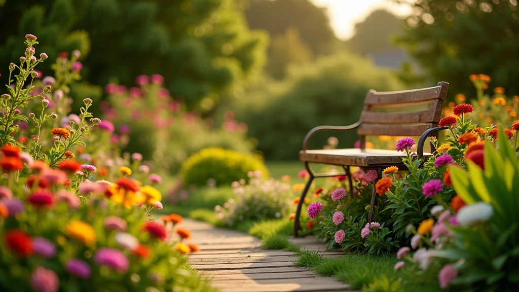 Close-up of vibrant flowering plants and garden benches for resting