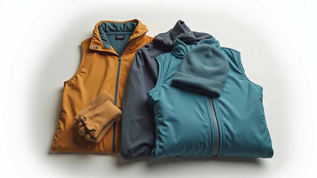 Neatly folded layers of clothing including fleece jacket, waterproof shell, and warm hat arranged for packing
