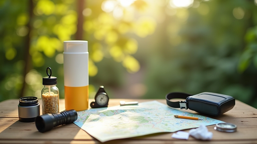Practical hiking essentials laid out including sunscreen, water bottle, map, and first aid kit on wooden surface