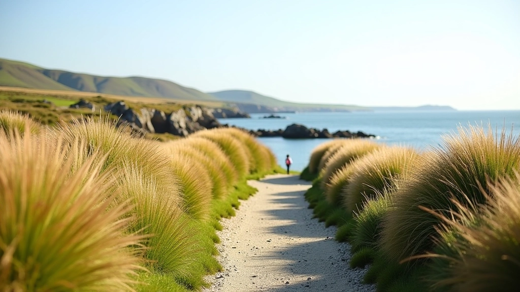 Narrow coastal pathway with wild grasses and rocky shoreline below