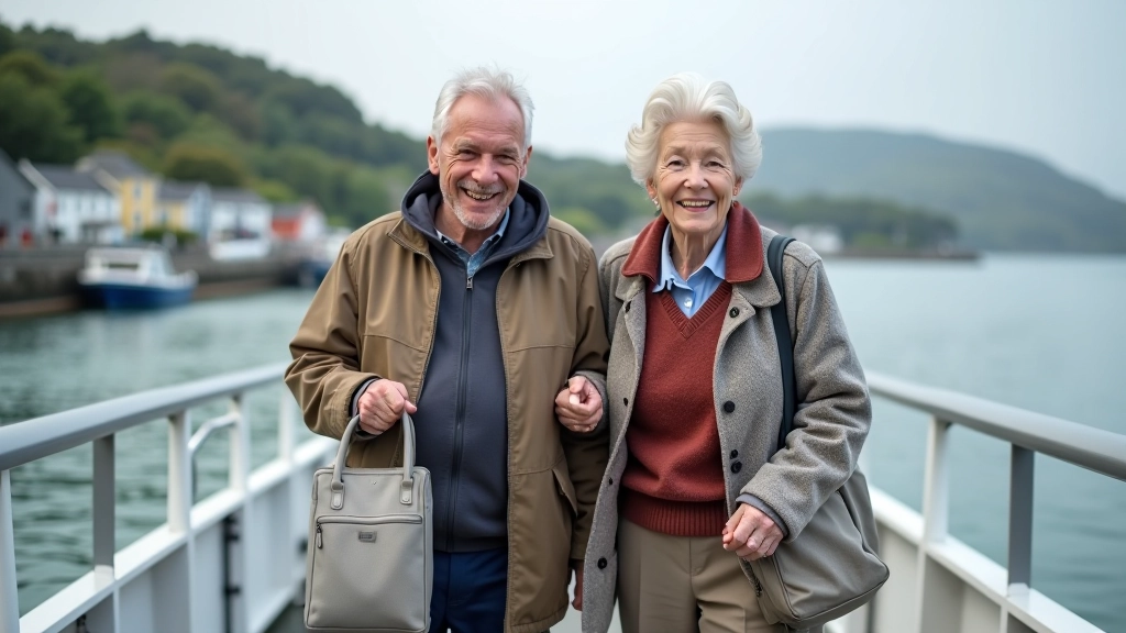 Older couple boarding the ferry with light bags and comfortable clothing, smiling and relaxed