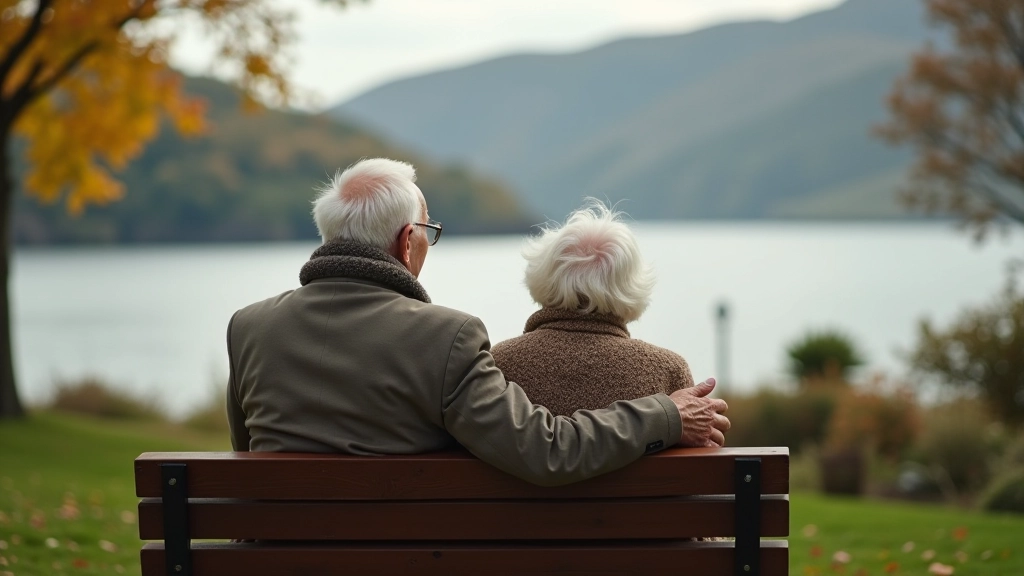 Older couple sitting on bench overlooking coastal landscape
