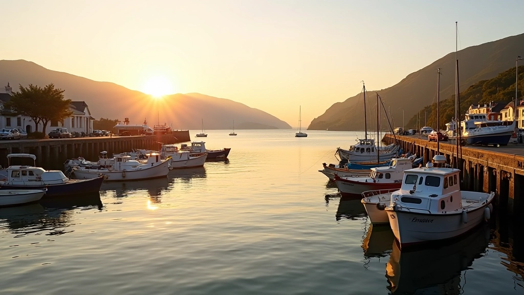 Peaceful harbour view with fishing boats and coastal landscape at sunset from Bantry Bay waterfront