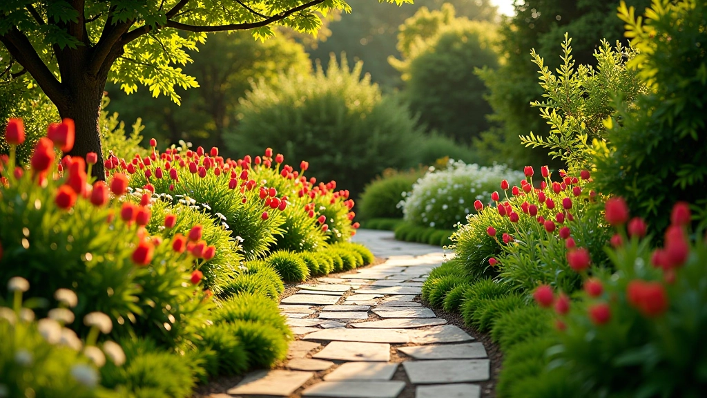 Beautiful winding pathway through Garnish Island's botanical gardens with colorful flowers and lush vegetation