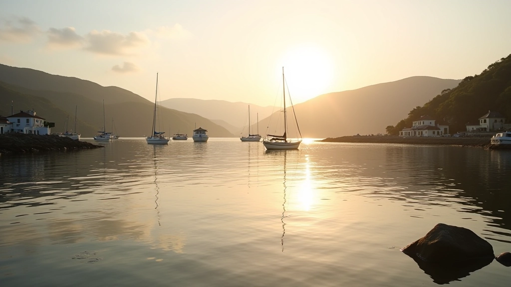 Peaceful waterfront view with calm harbour and distant hills at Bantry Bay