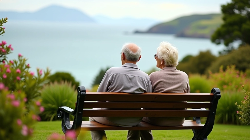 Seniors resting on a bench overlooking the island gardens with coastal views