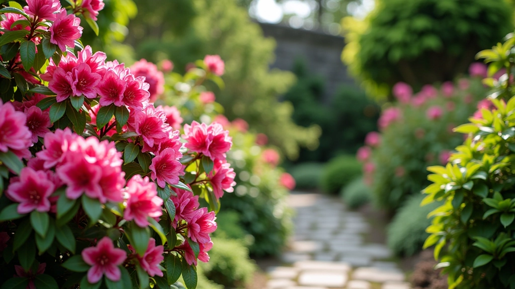 Close-up of colorful flowering plants and shrubs in the island's Italian-style gardens with stone pathways