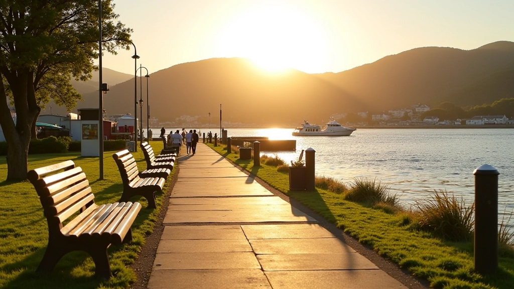 Waterfront pathway with benches along Bantry Bay harbour, peaceful afternoon lighting