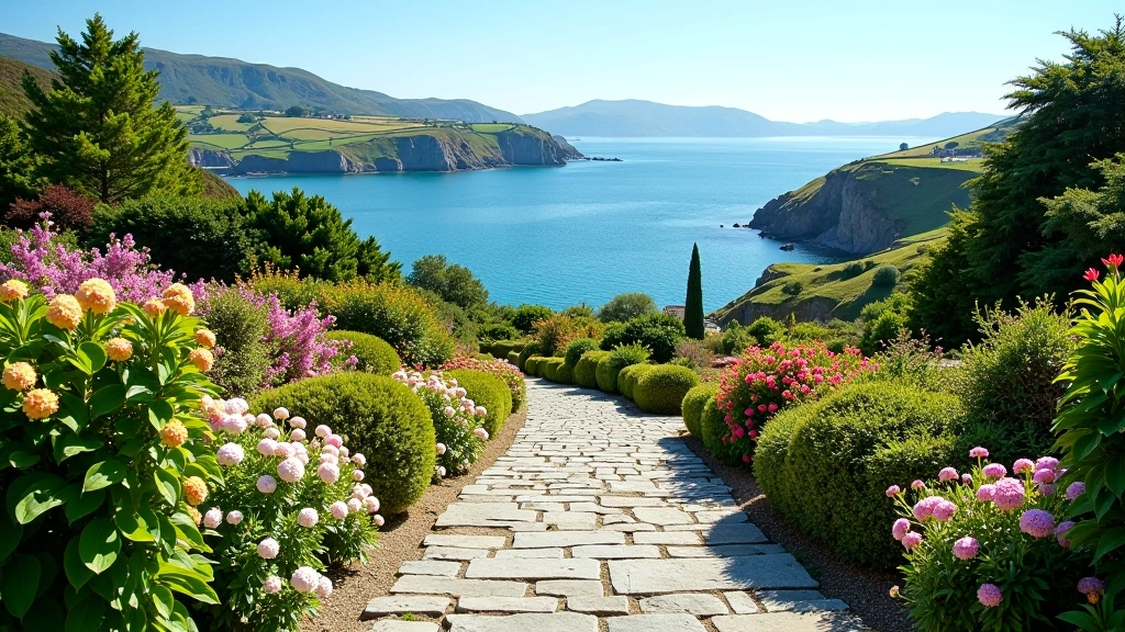 Lush green gardens with walking paths on Garnish Island surrounded by blue water